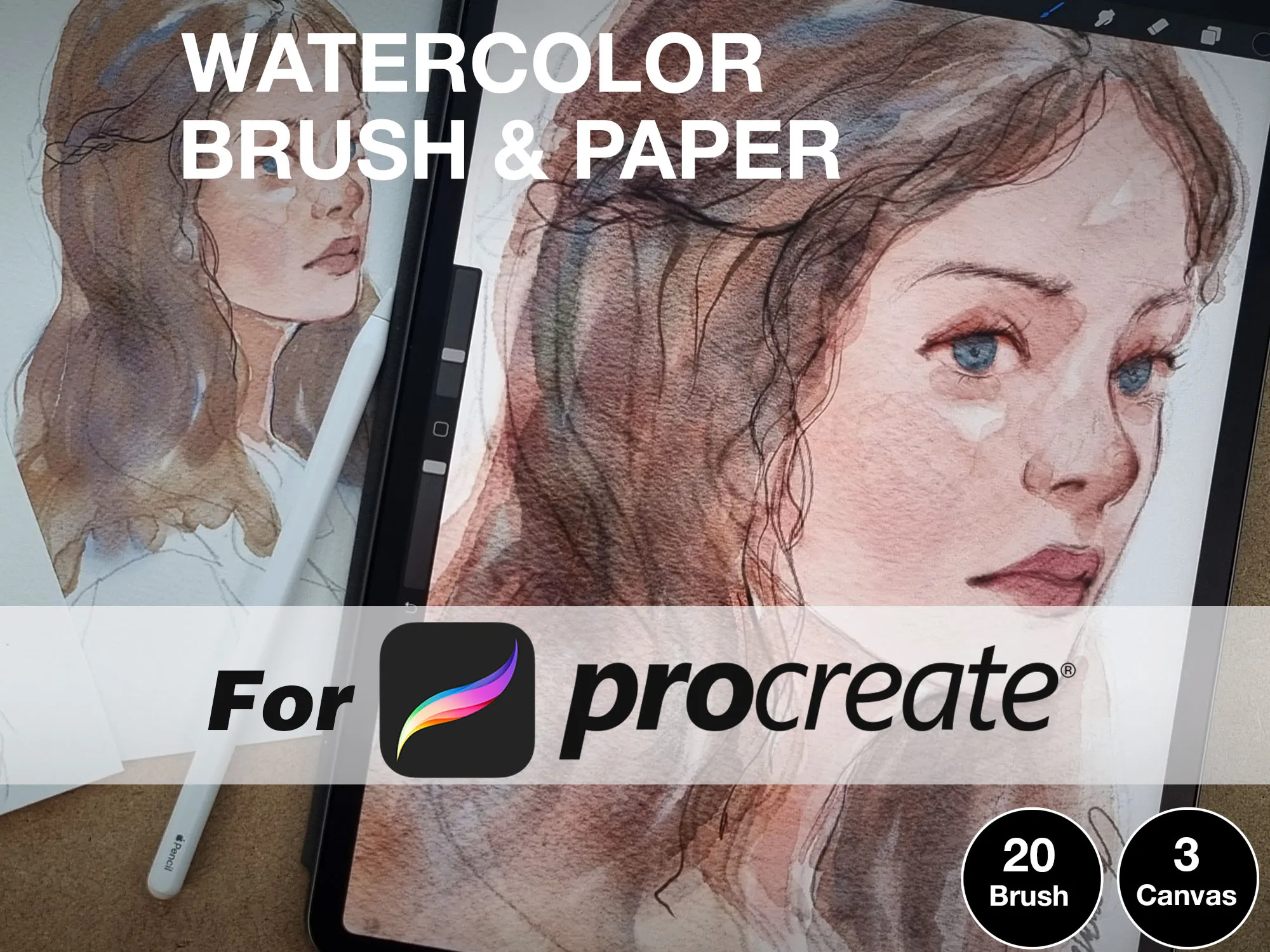 Procreate逼真水彩画笔和水彩笔画布